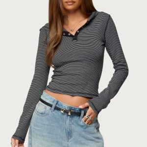 Damson Striped Hooded Henley Top