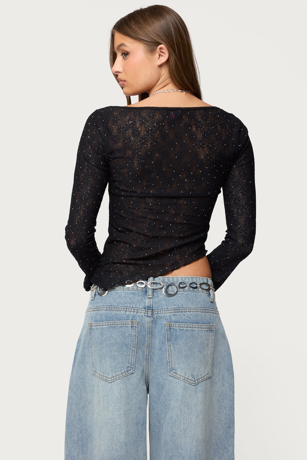 Mare Asymmetric Gem Sheer Lace Top - Image 5