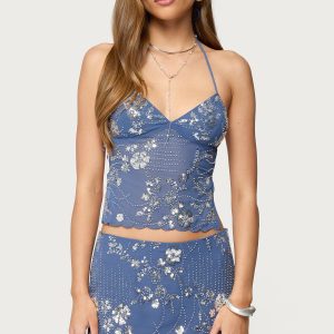Nelley Backless Beaded Sequin Chiffon Top