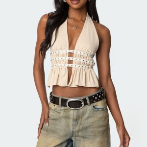 Studded Split Front Backless Halter Top