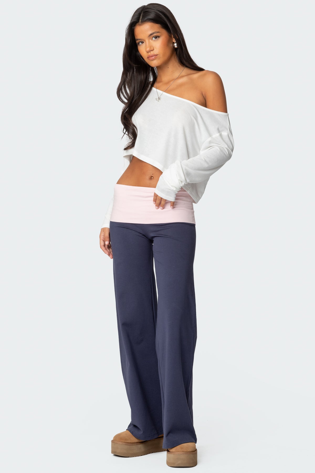 Wide Leg Contrast Fold Over Pants - Image 3