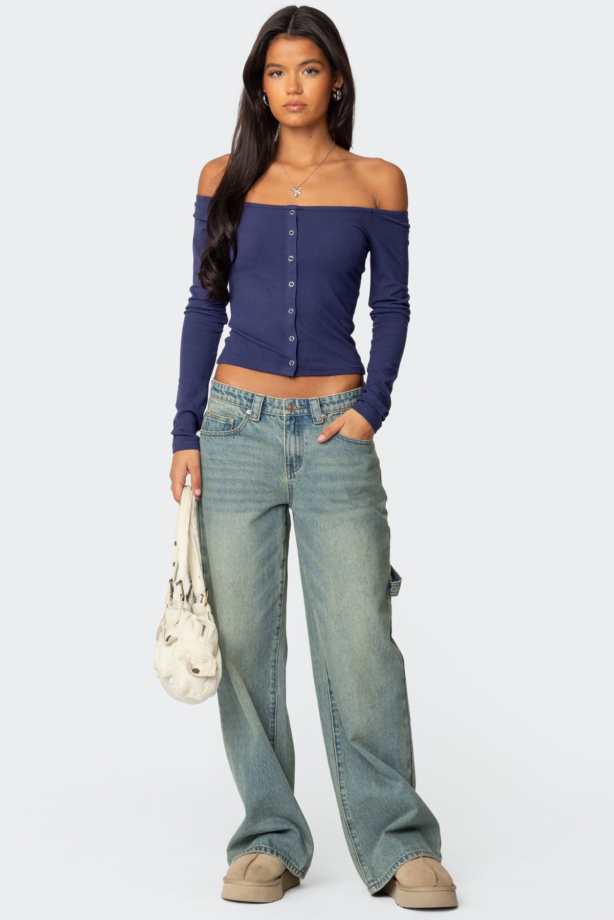 Off Shoulder Button Up Top - Image 2