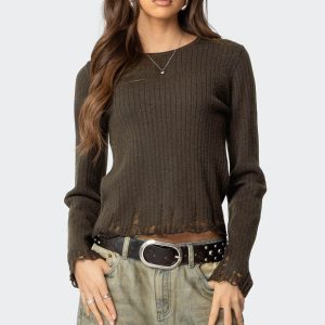 Distressed Ribbed Knit Sweater