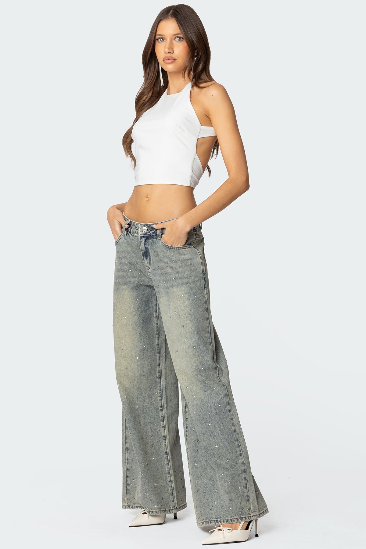 Rhinestone Low Rise Washed Jeans - Image 4