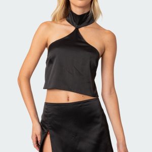 Daina Satin Effect Open-Back Crop Top
