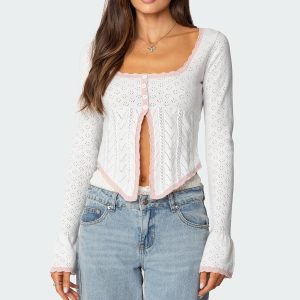 Abbie Split Front Pointelle Top