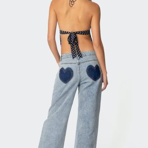 Contrast Heart Washed Low Rise Jeans