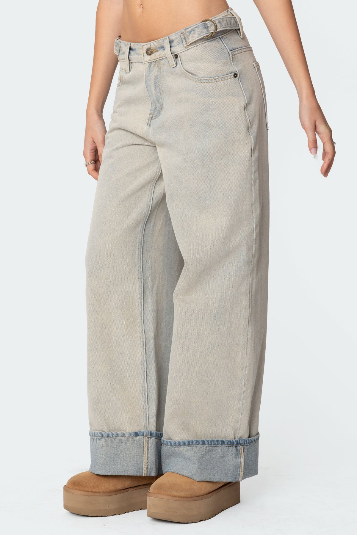 Double Belt Washed Low Rise Jeans - Image 4