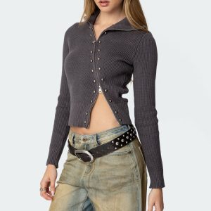 Ribbed Asymmetric Zip Up Cardigan