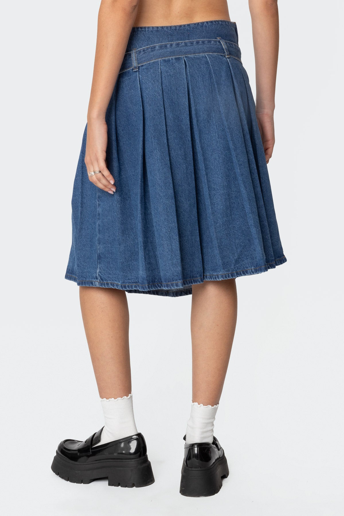 Belted Pleated Denim Midi Skirt - Image 4