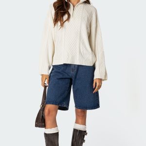 Oversized Quarter Zip Cable Knit Sweater