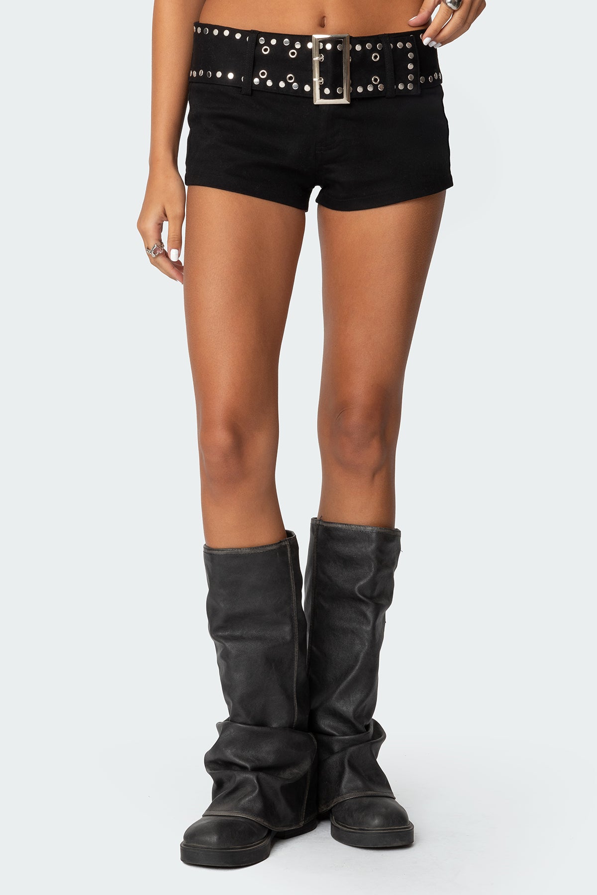 Studded Belt Denim Micro Shorts - Image 2