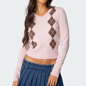 Argyle V Neck Knit Sweater