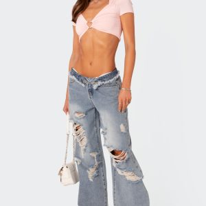 Distressed Fold Over Boyfriend Jeans
