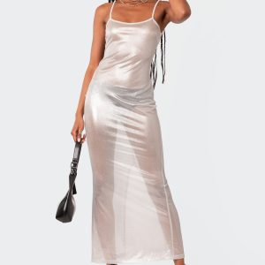 Nyla Sheer Glittery Back Slit Maxi Dress