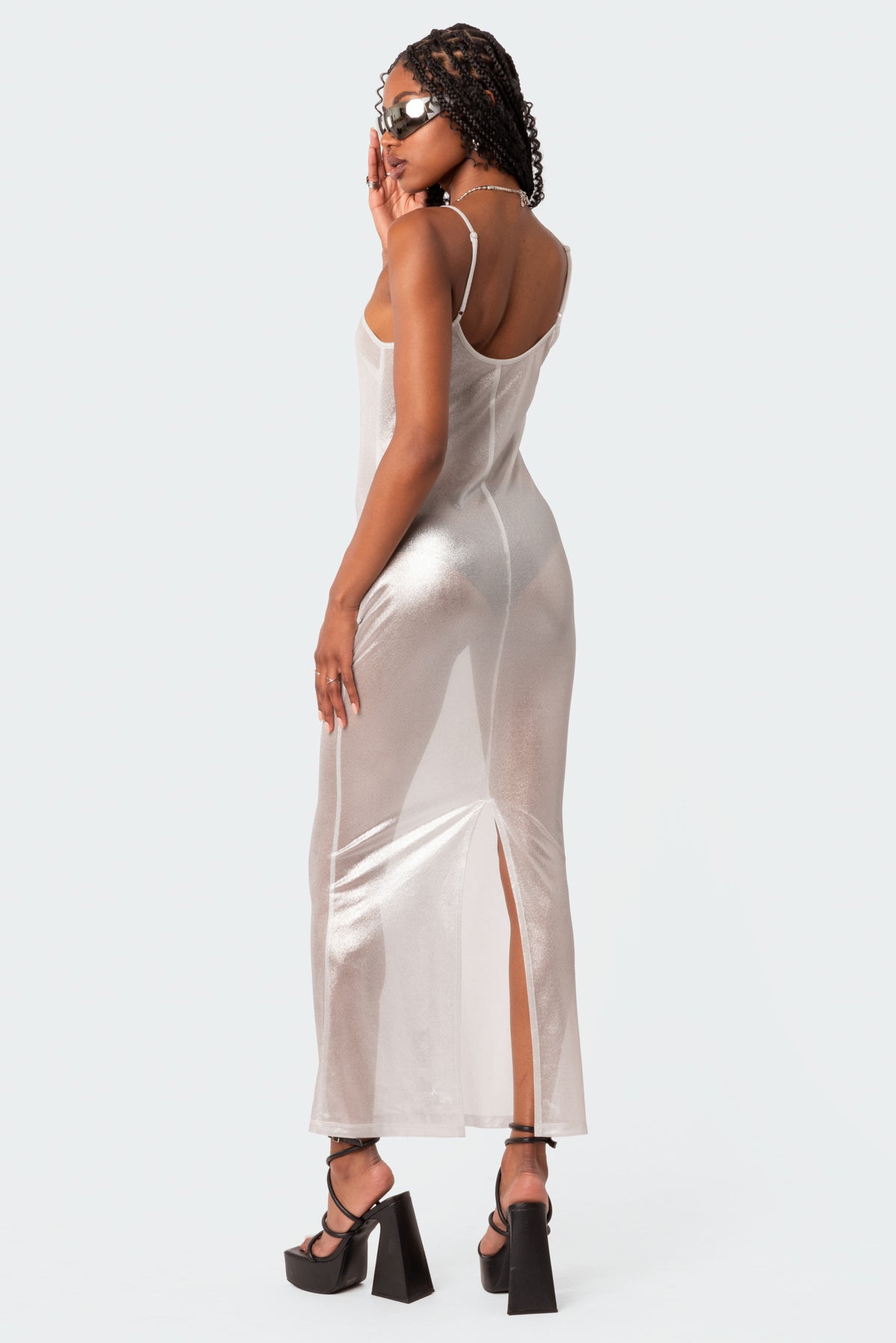 Nyla Sheer Glittery Back Slit Maxi Dress - Image 5