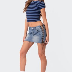 Side Lace Up Denim Mini Skirt