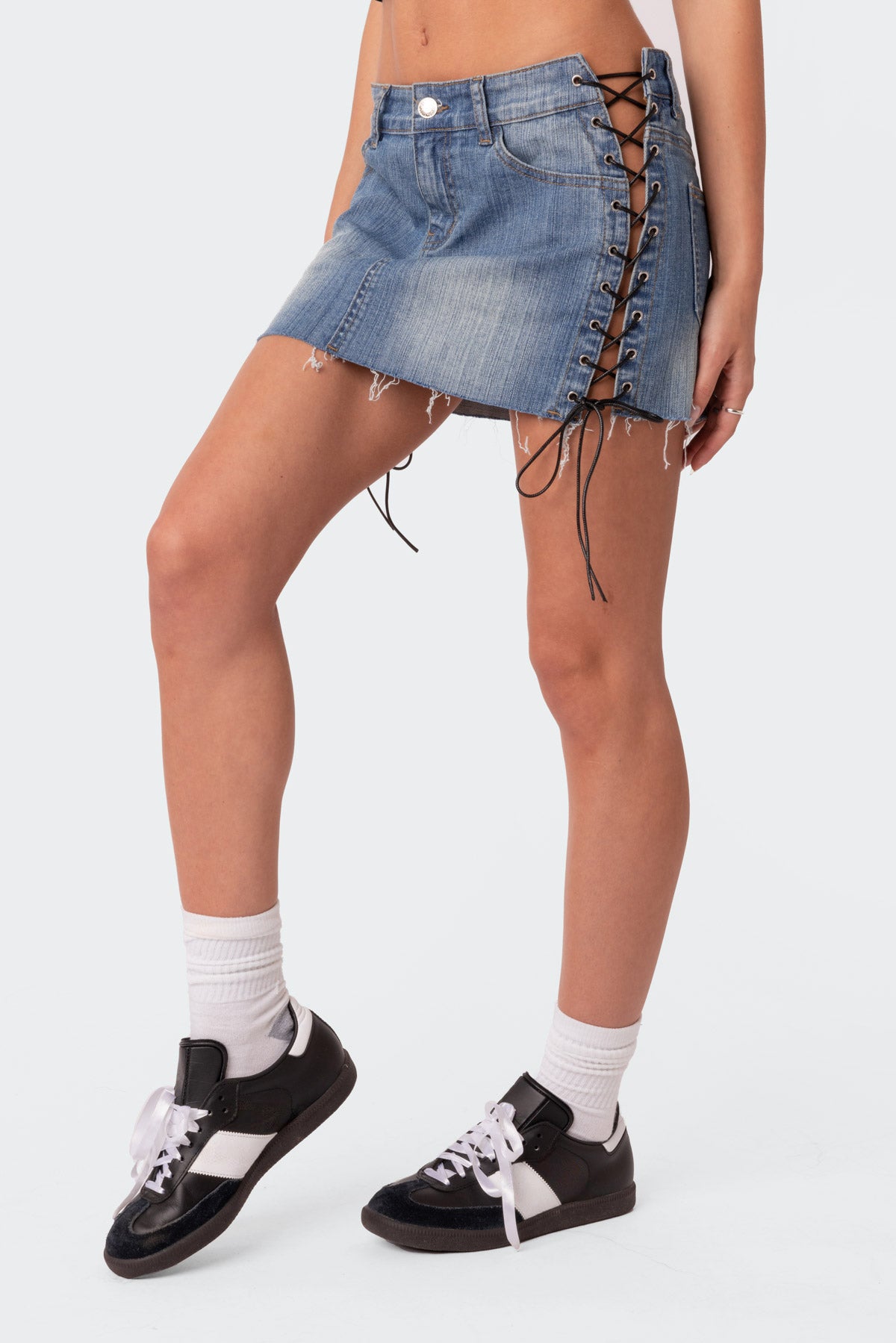Side Lace Up Denim Mini Skirt - Image 3