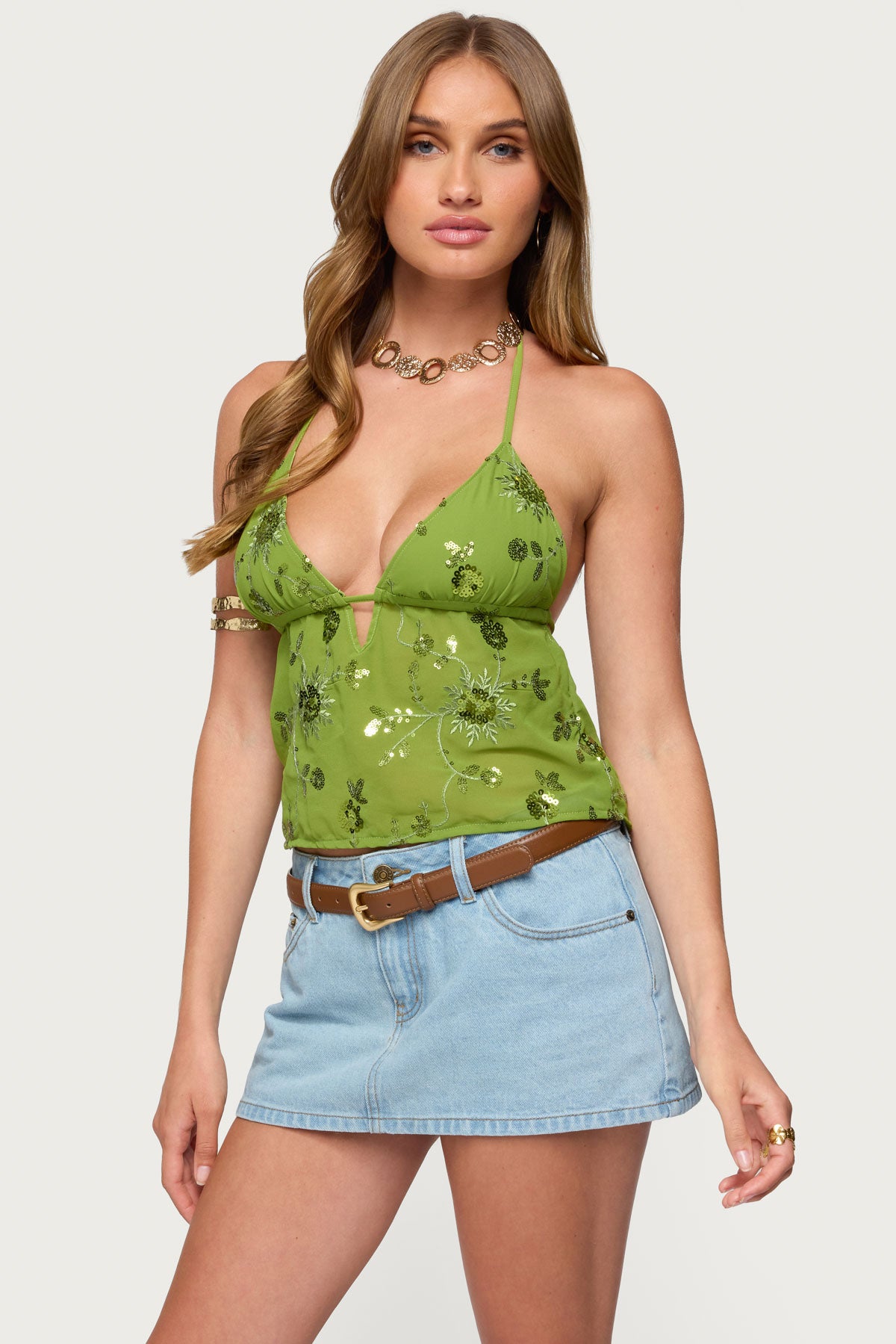 Kiki Sequin Floral Chiffon Halter Top - Image 3
