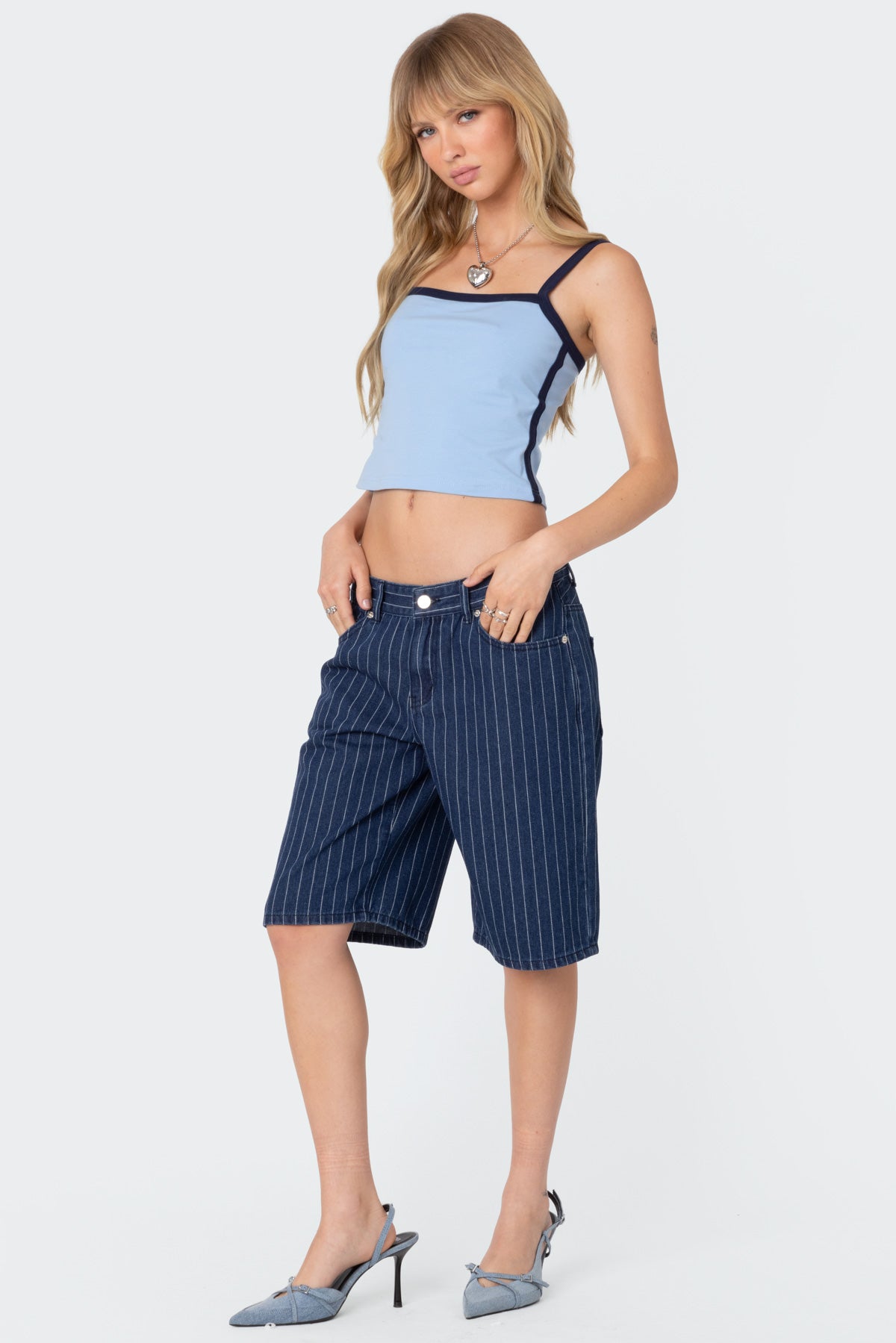 Pinstripe Denim Bermuda Shorts - Image 3