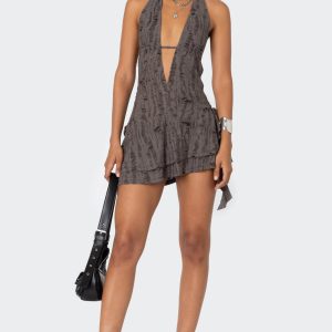 Shredded Backless Halter Mini Dress