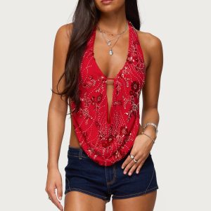 Beaded Chiffon Backless Cowl Neck Top