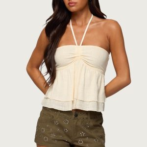 Layered Linen Look Babydoll Halter Top