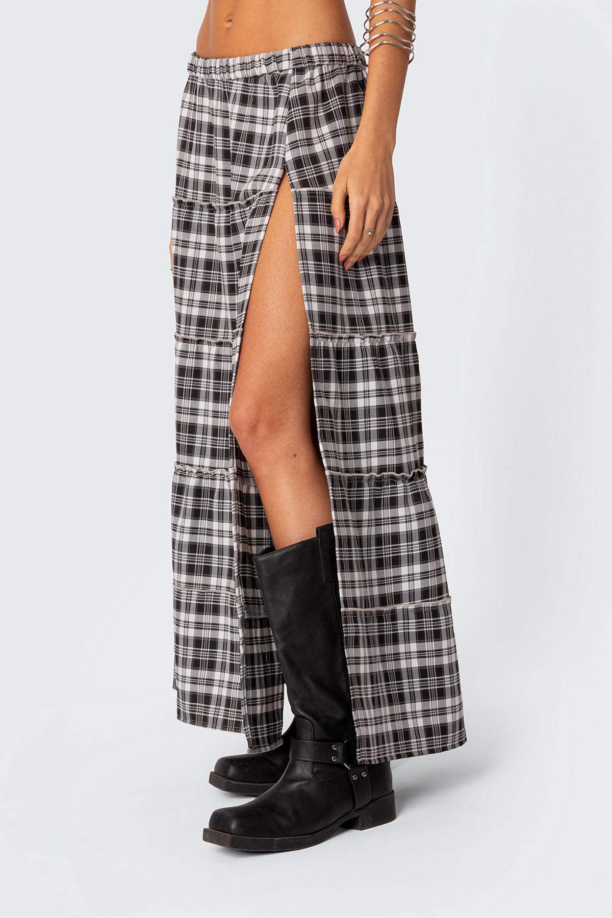 Plaid Side Slit Tiered Maxi Skirt - Image 3