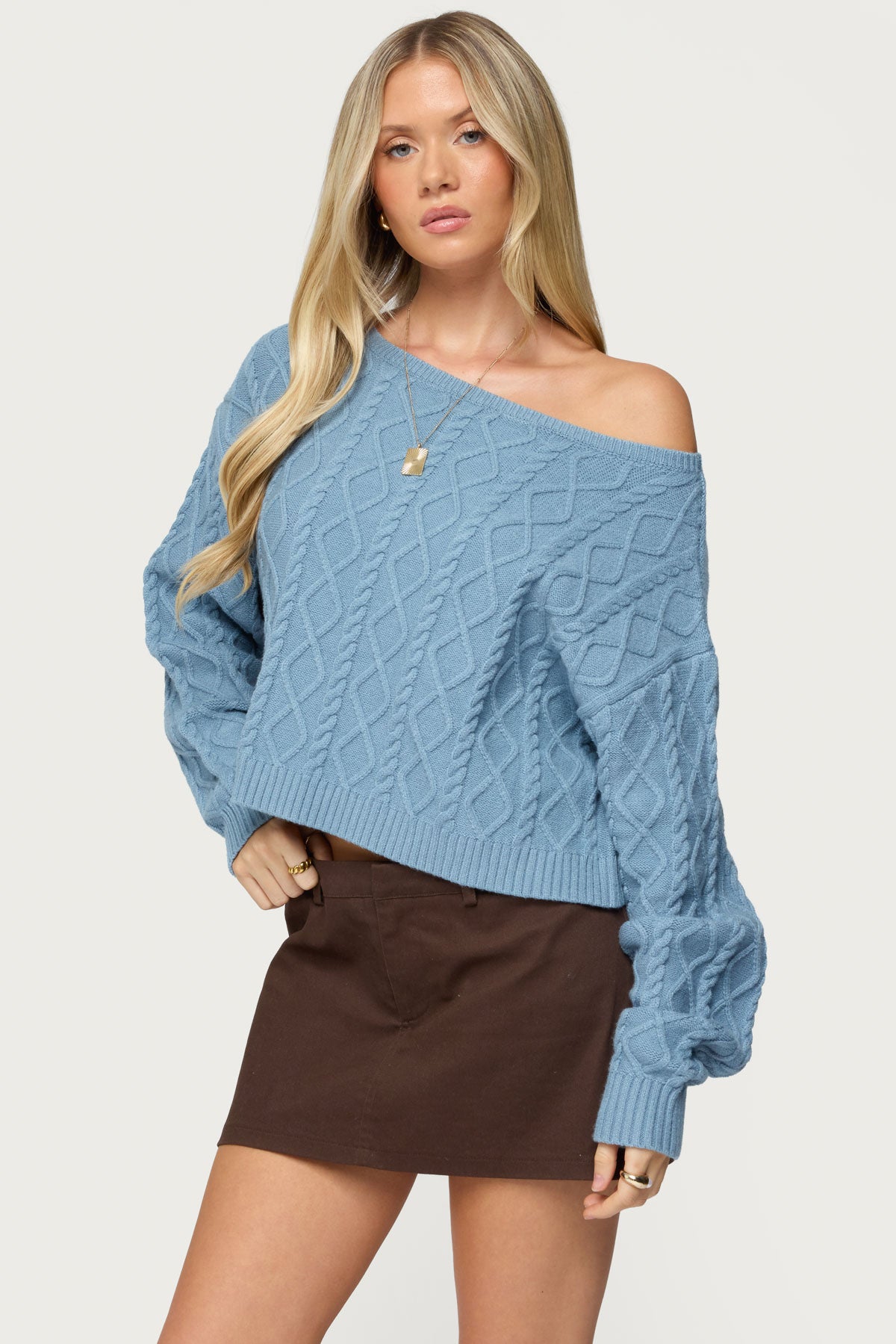 Oversized Off Shoulder Cable Knit Sweater - Image 3