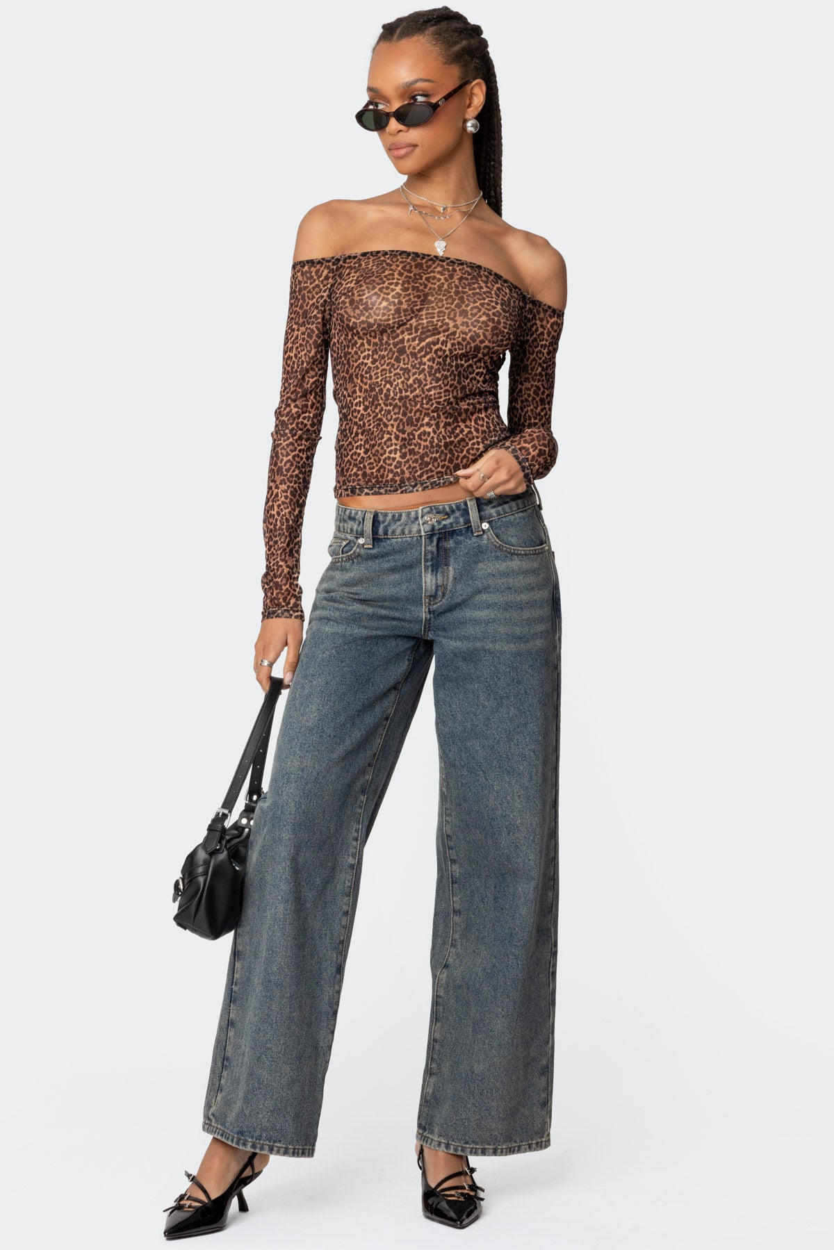 Leopard Sheer Mesh Off Shoulder Top - Image 2