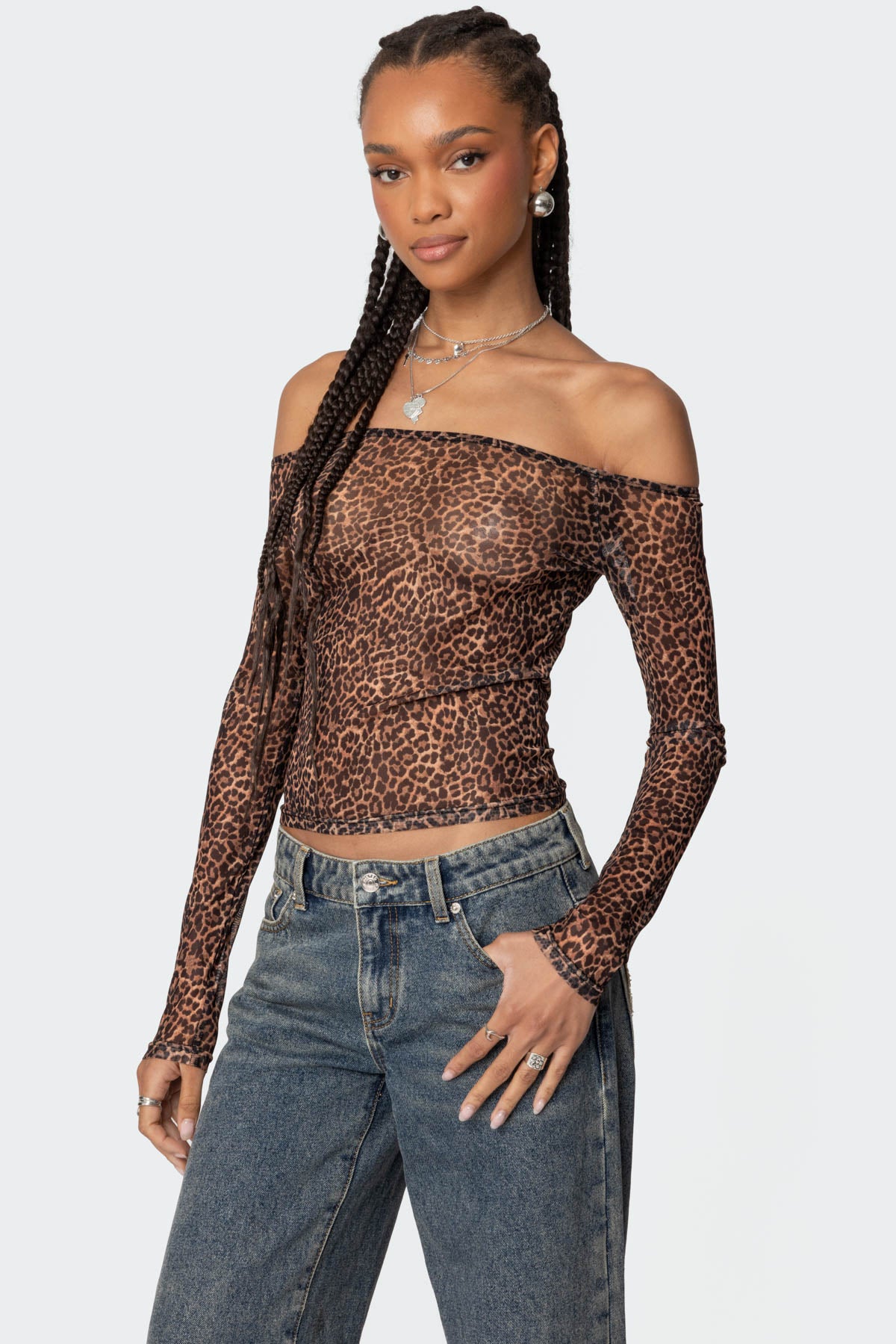Leopard Sheer Mesh Off Shoulder Top - Image 3