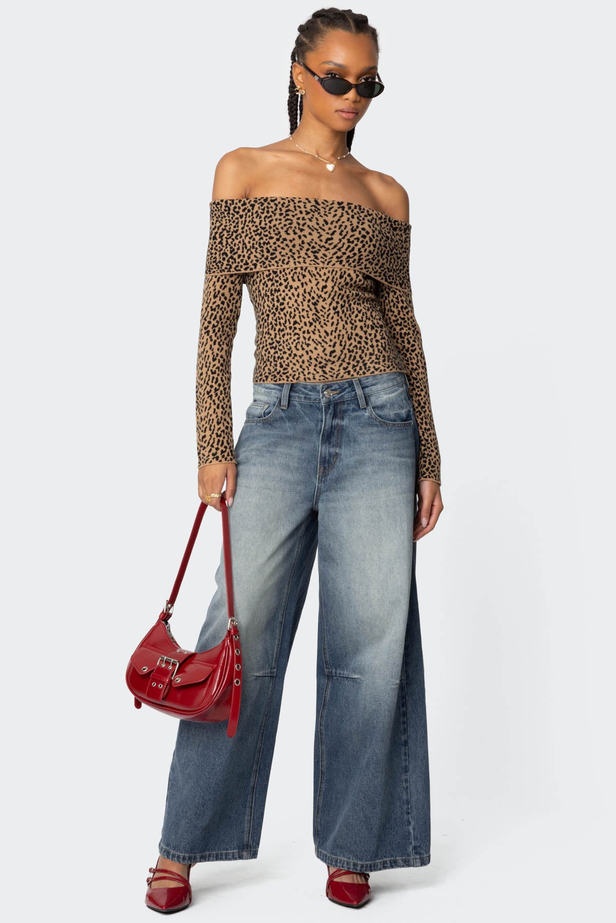 Leopard Printed Fold Over Knit Top - Image 2