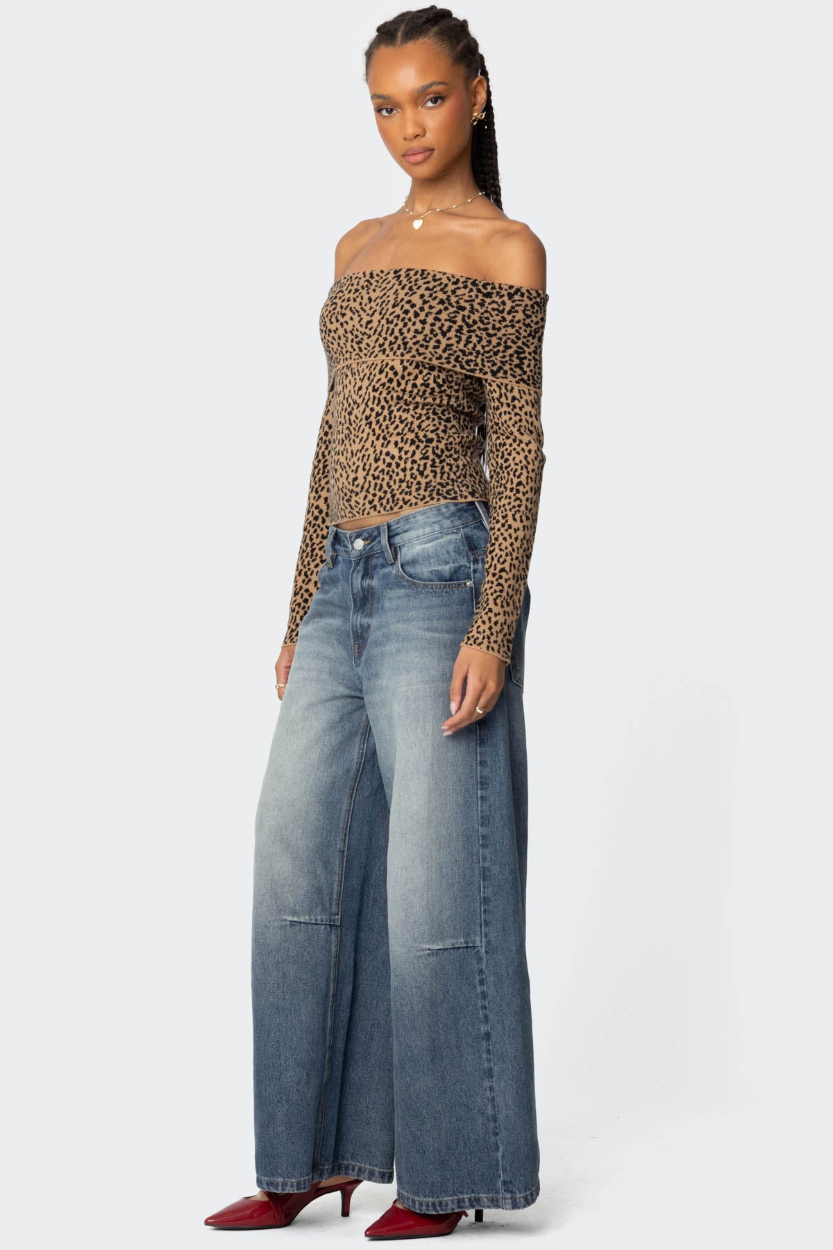 Leopard Printed Fold Over Knit Top - Image 4