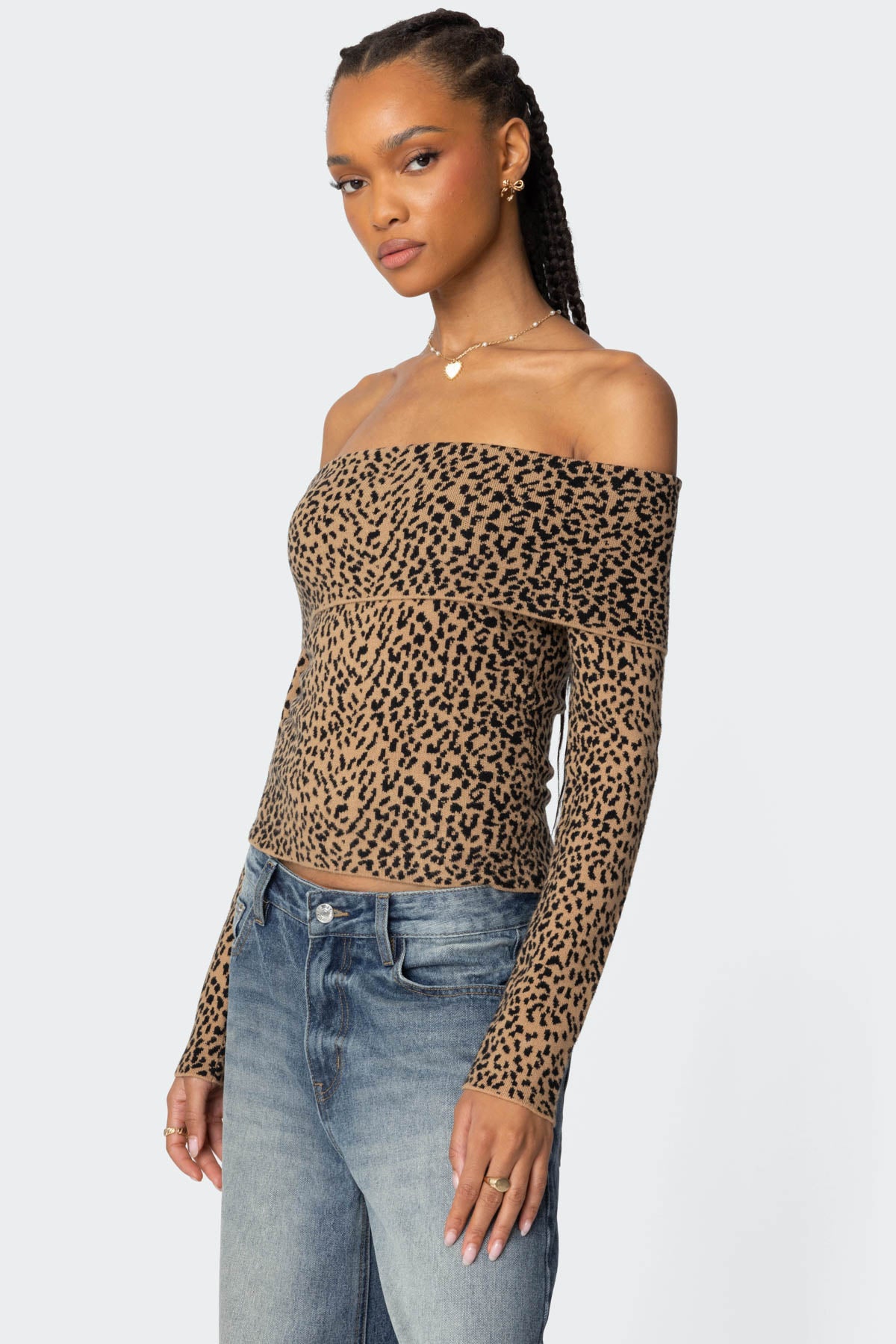 Leopard Printed Fold Over Knit Top - Image 3