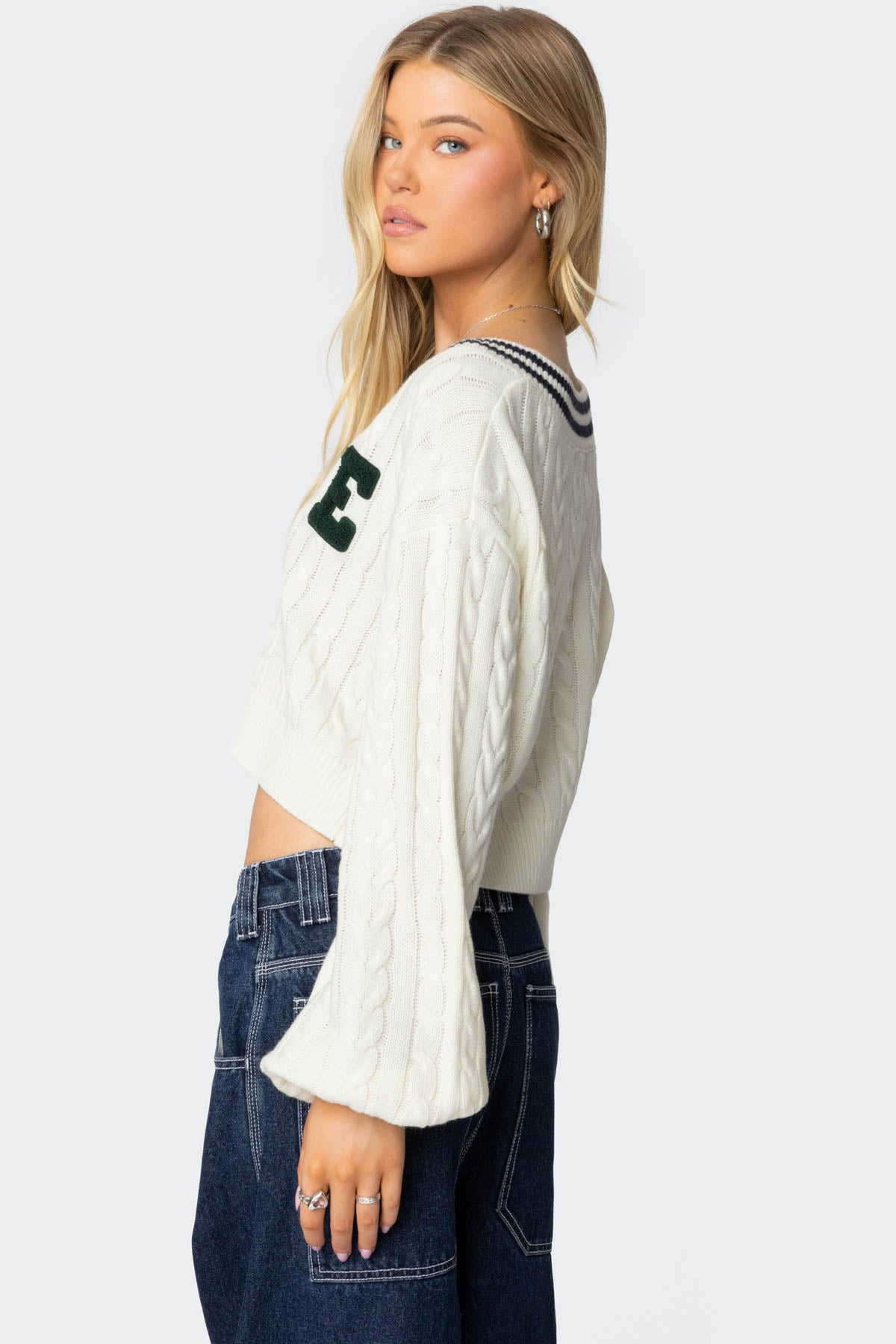 Collegiate Cropped Cable Knit Sweater - Image 5