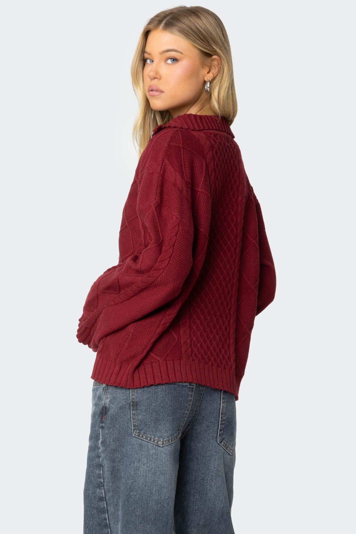 Oversized Quarter Zip Cable Knit Sweater - Image 4