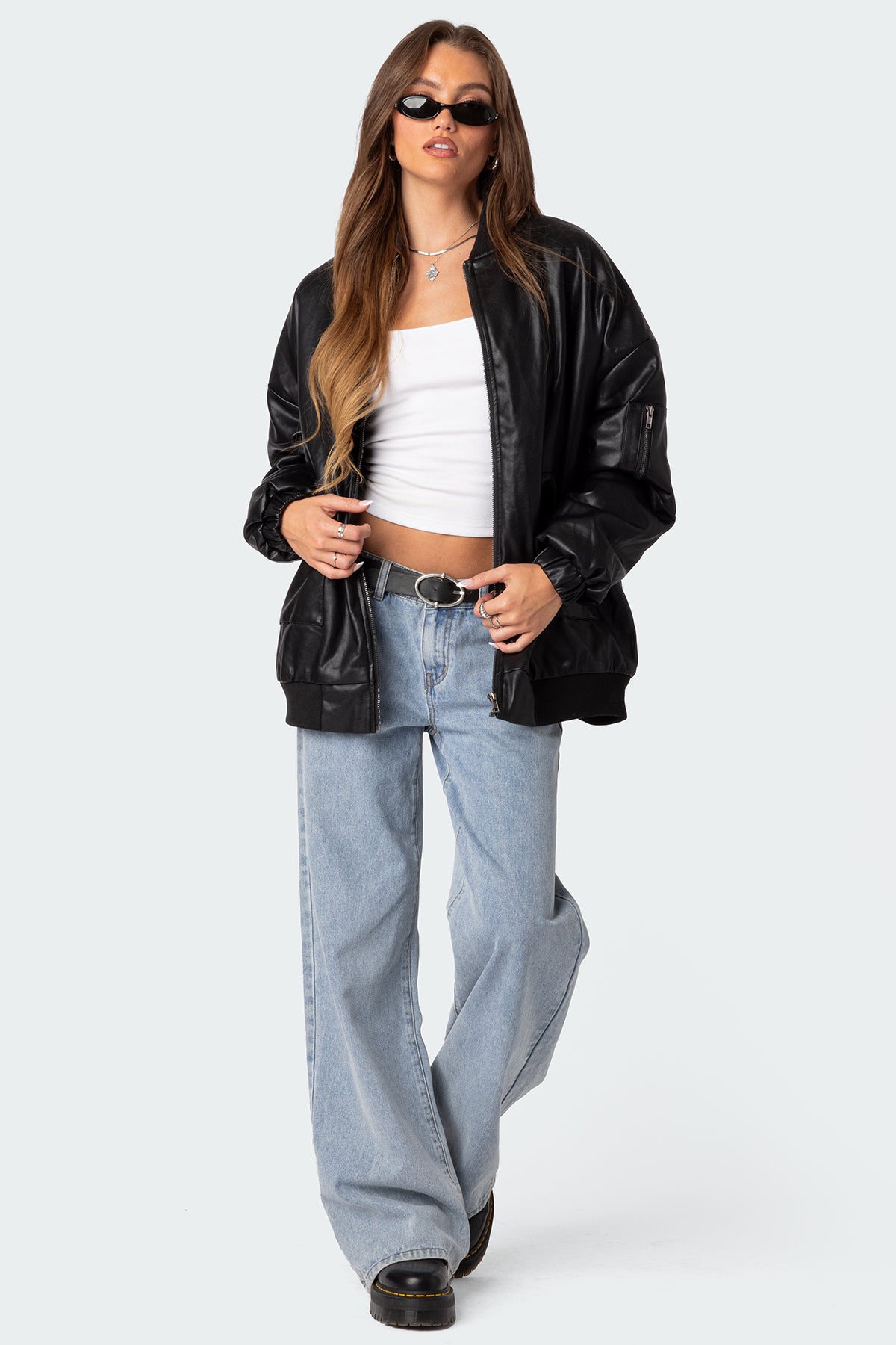 Faux Leather Oversized Bomber Jacket - Image 2