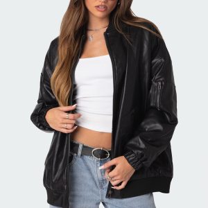 Faux Leather Oversized Bomber Jacket