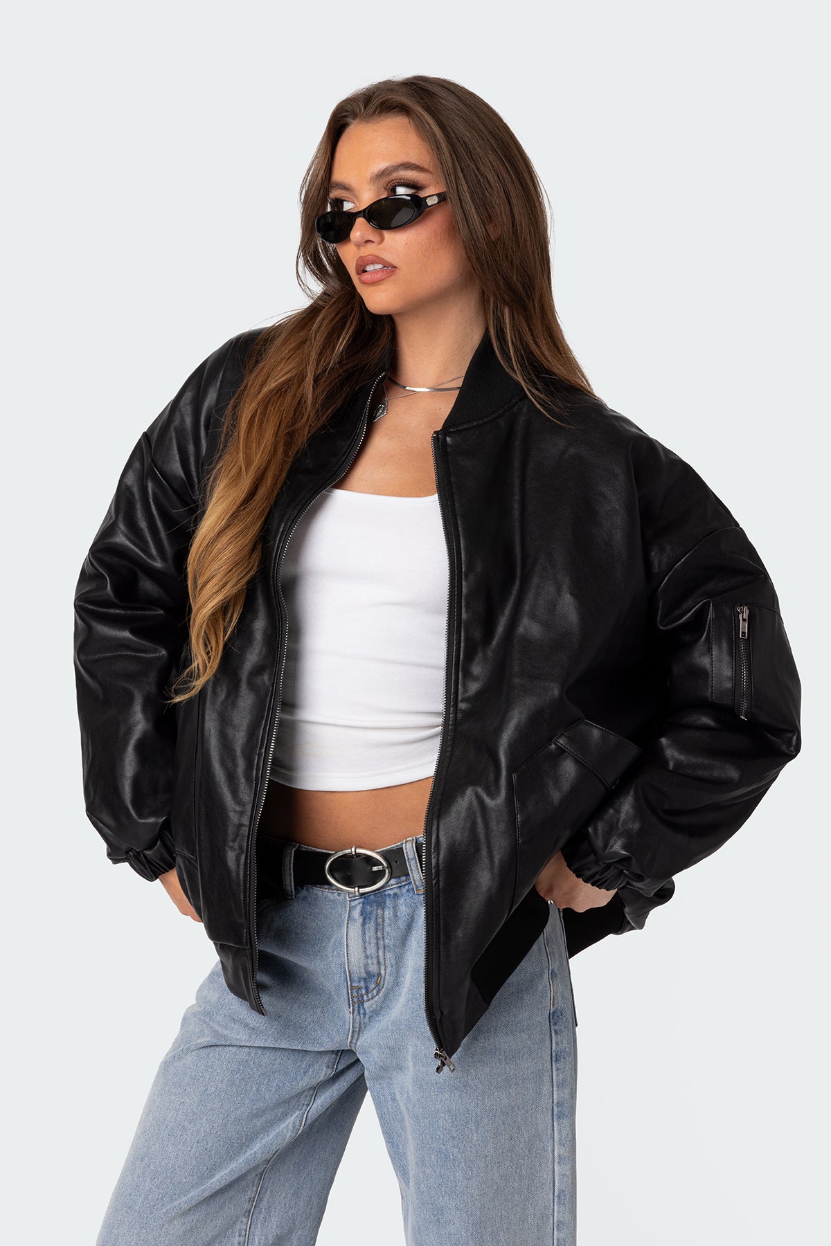 Faux Leather Oversized Bomber Jacket - Image 3