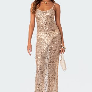Sequin Sheer Mesh Maxi Dress