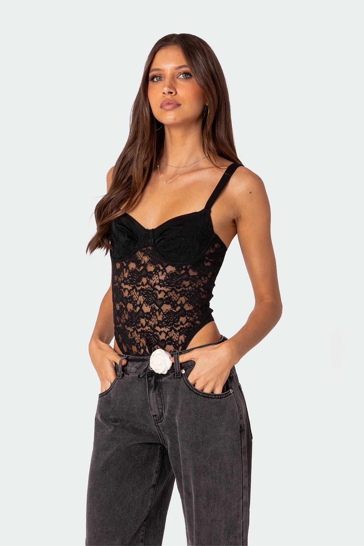 Lace & Satin Effect Cupped Bodysuit - Image 3