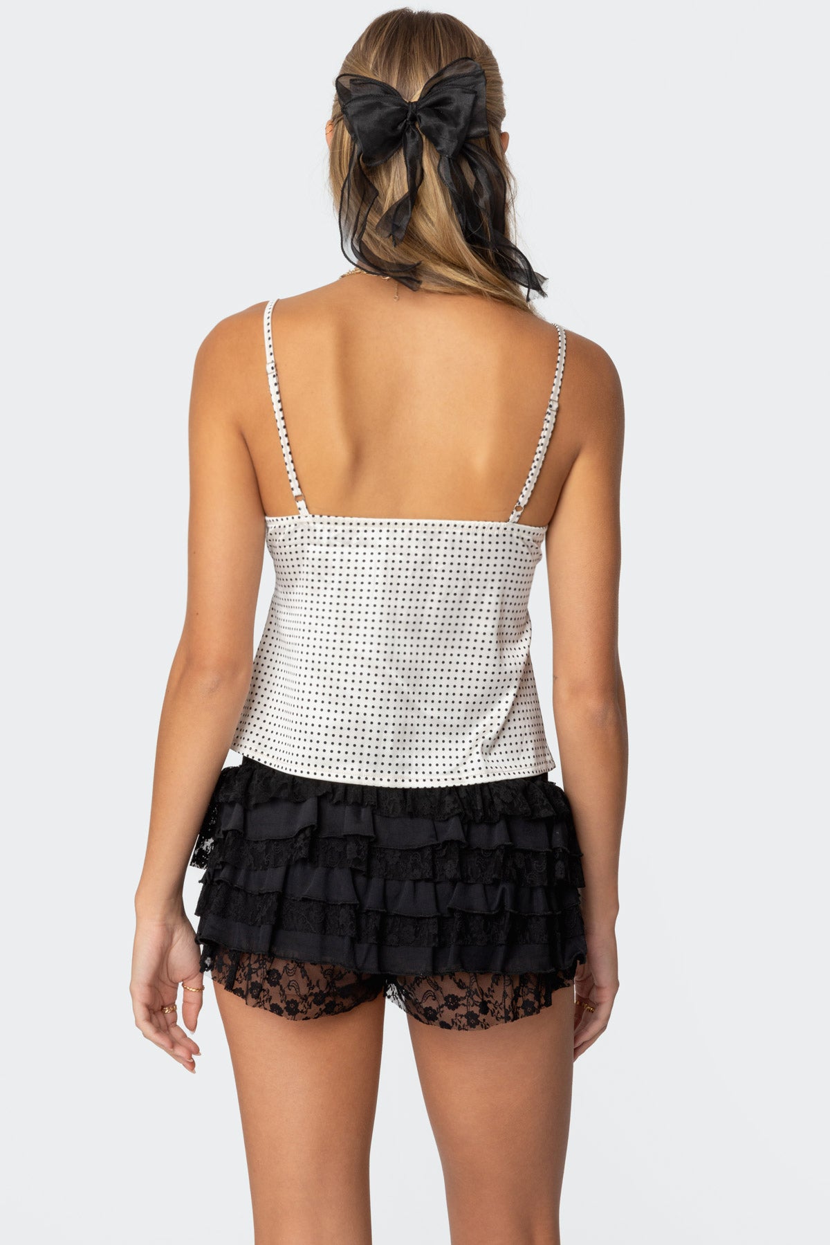 Polka Dot Satin Effect Lace Trim Top - Image 5