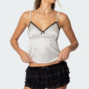 Polka Dot Satin Effect Lace Trim Top