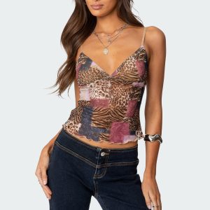 Mixed Animal Print Mesh Tank Top