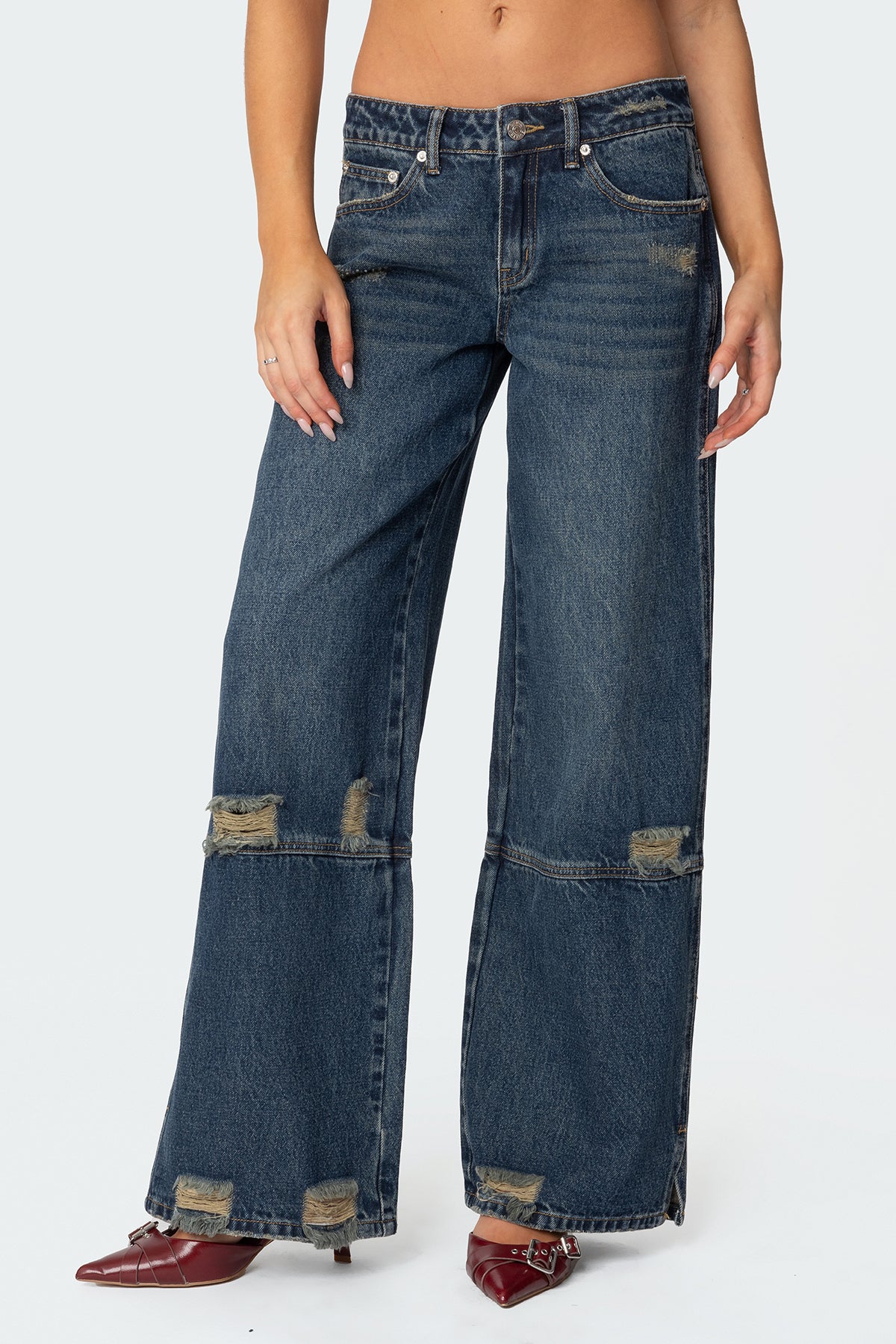 Slitted Distressed Low Rise Jeans - Image 2