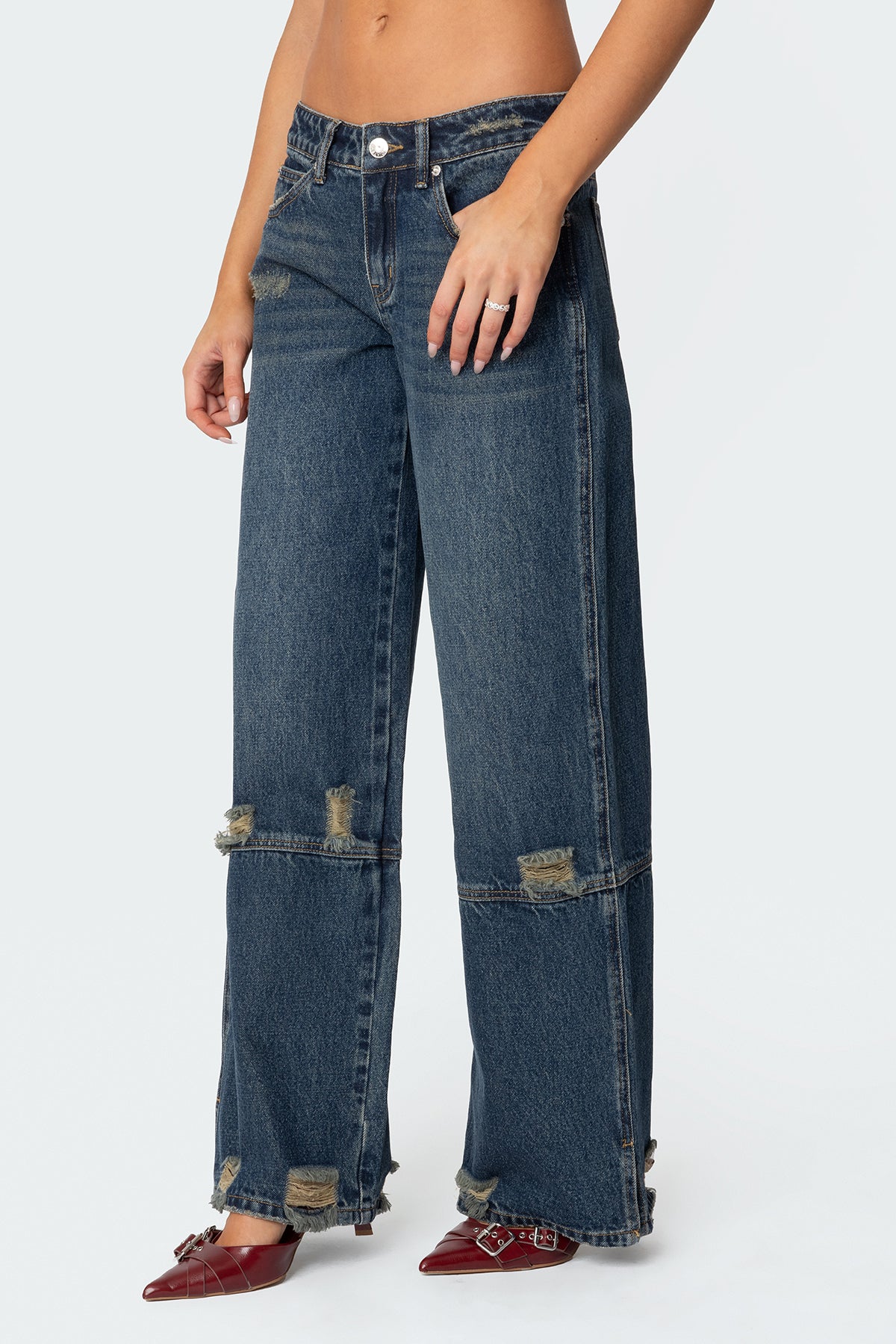 Slitted Distressed Low Rise Jeans - Image 4