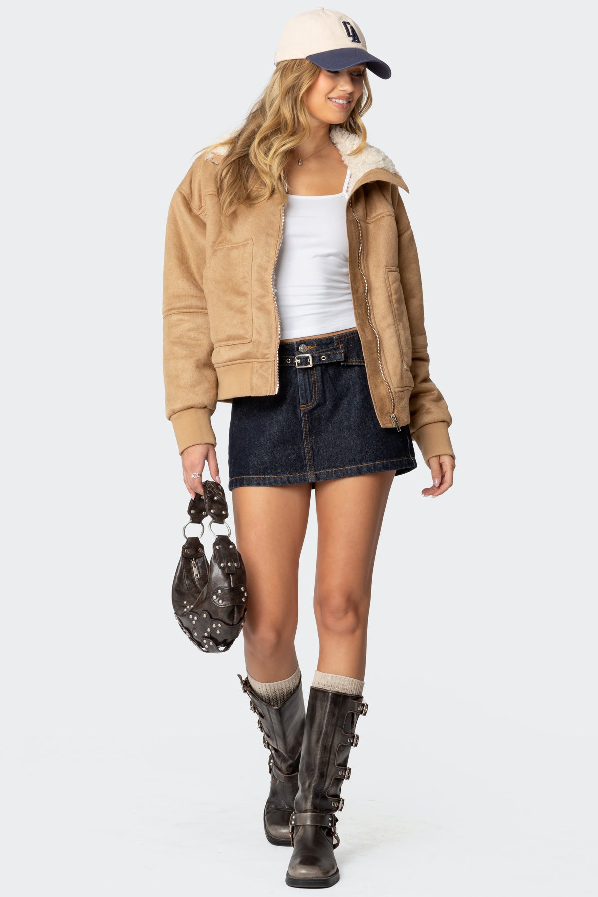 Faux Suede Shearling Bomber Jacket - Image 2