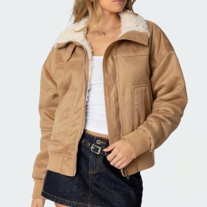 Faux Suede Shearling Bomber Jacket
