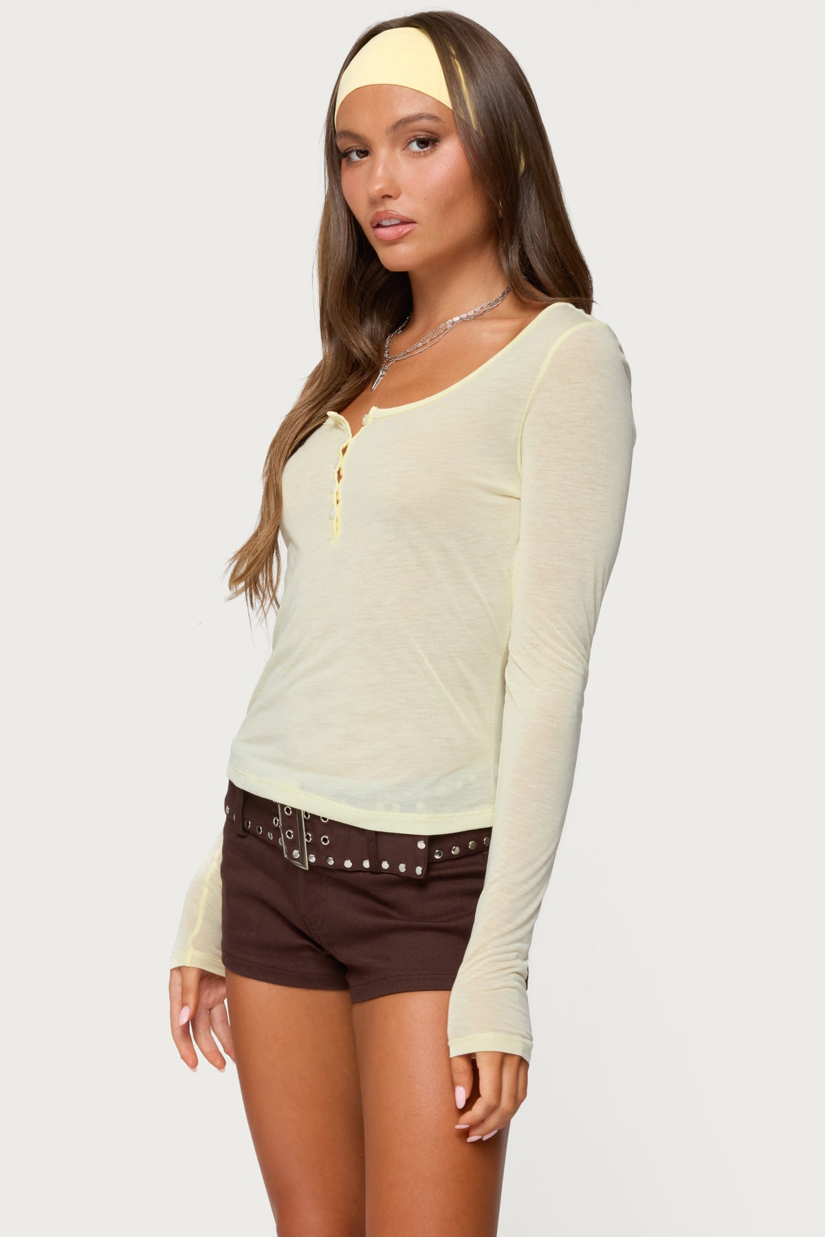 Ria Sheer Long Sleeve Henley Top - Image 3