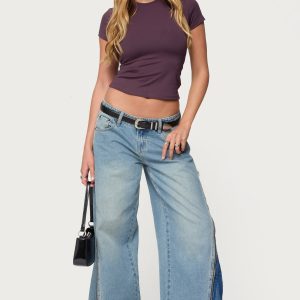 Zippered Washed Wide Leg Jeans